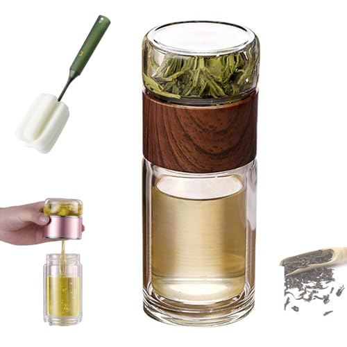 Triple Function Glass Infuser, Smart Tea Brewer, Double-Walled Glass Teacup for Loose Tea, Portable Leak-Proof Infuser with Filter & Lid (Wood, 350 ml)