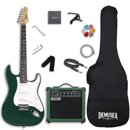 Demusea Electric Green Guitar Kit With 20W Green Amp Bundel Full Size Solid Body SSS Pickup Single Tremolo Paulownia Body Maple Neck For Starter Beginner Practice(ST Dark Green)