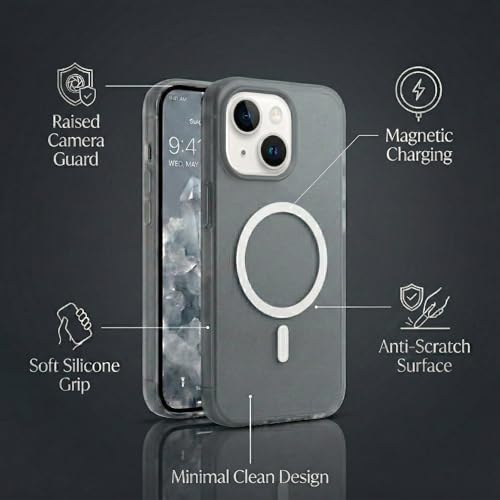 Image of amazon basics Luxury MagSafe Compatible Magnetic Case for iPhone 15 | Soft Touch Matte Pastel Finish | Shockproof Back Cover with Camera Protection (Black)