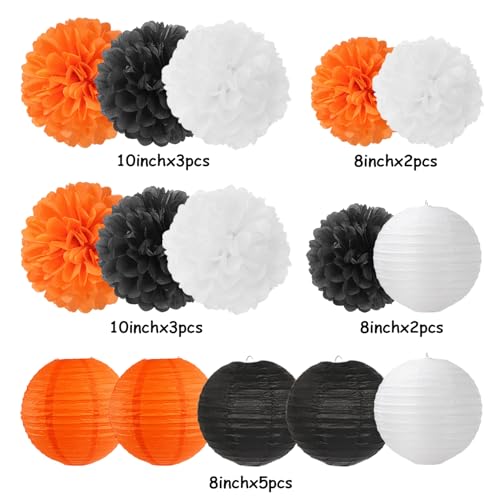 Image of Orange-Black White Party-Decorations Paper-Flowers Lanterns - 15PCS Halloween Tissue Pom Poms Streamers,Vintage Baby Bridal Shower Birthday Bachelorette Wedding Hanging Supplies Decor Hugfond