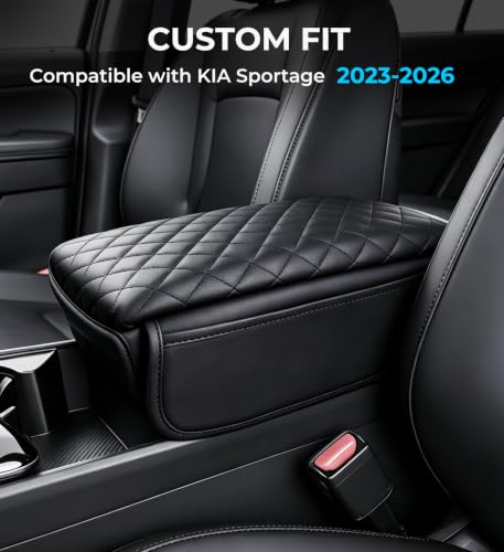 Image of Center Console Cover for KIA Sportage 2026 2025 2024 2023, 1.2-Inch Thick PU Leather Middle Armrest Cushion Protector Pad with 2 Side Pockets for 2023-2026 Sportage, Black