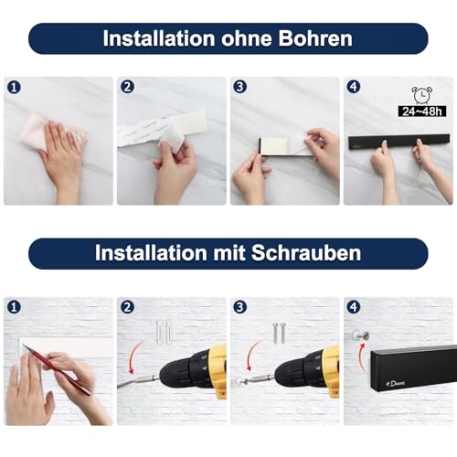 Dmore Magnetleiste Messer mit 3 Haken, 40 cm Messerhalter magnetisch schwarz, extrem selbstklebend Magnet Messerhalter aus Edelstahl, inklusive Klebeband und Schrauben, für Messer und Utensilien 4