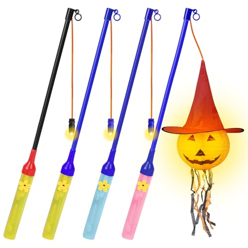 Aomig 4 stuks lantaarnstokken met led-lantaarn voor kinderen, elektrische geschenken, lantaarnstok, lichtlantaarn, toverstokken, kleuterschool, Halloween, St Martin, carnaval, party, kostuumfeest