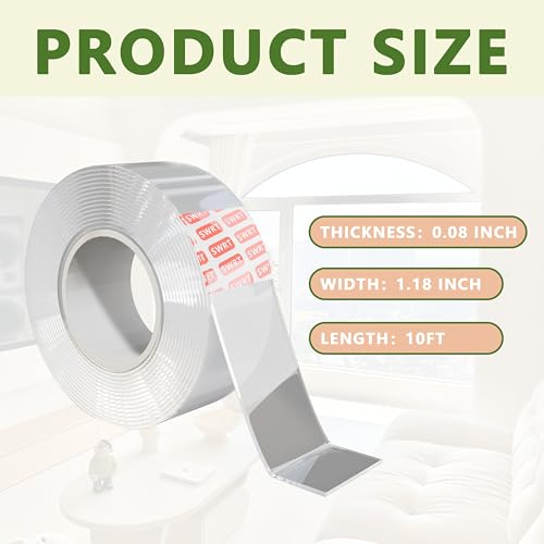 SWRT 1.18 Inch x 10 FT 0.08 Inch Thick Double Sided Heavy Duty Tape, Strong Adhesive Nano Tape, Reusable Mounting Tape, Multipurpose for Home, Office, and DIY Projects