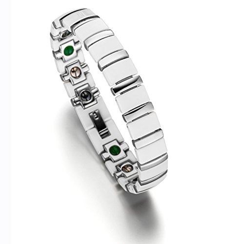 Preisvergleich Produktbild Lunavit Magnetschmuck, Damen und Herren Titan Keramik Gliederarmband, Magnetarmband mit Neodym-Magnete, Germaniumsteine und Jade Steine, Weiß Silber
