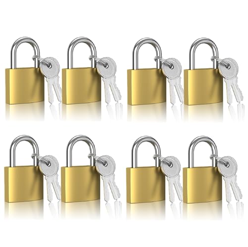XFJSAK 8 Pcs Small Keyed Padlocks, 32mm, Gold, Compact, D Shape, Hardened Alloy, Securing Luggage, Gym Lockers