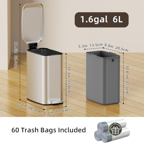 Image of KSSKSS Small Bathroom Trash Can with Lid Soft Close, Step Pedal, 6L / 1.6 Gal Stainless Steel Garbage Bin with Removable Inner Bucket, Slim Wastebasket for Narrow Spaces (Silver)