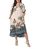 OSTOO Plus Size Women's Floral Print V-Neck Short Sleeve Maxi Dress with Pockets Casual Tropical A-Line Dresses