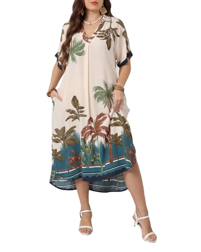 OSTOO Plus Size Women's Floral Print V-Neck Short Sleeve Maxi Dress with Pockets Casual Tropical A-Line Dresses