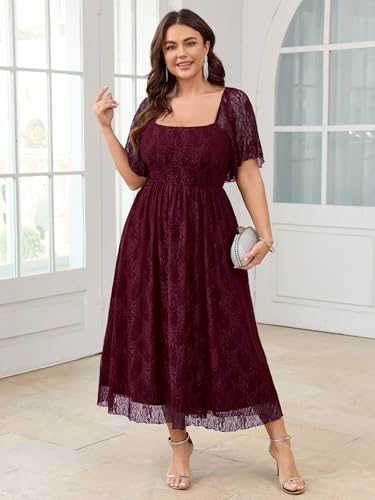 Image of SCOMCHIC Women's Plus Size Wedding Guest Dress Formal Lace Square Neck Short Sleeve Smocked Flowy Cocktail Maxi Dresses