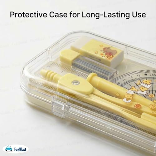 Image of FunBlast Capybara Theme Compass Set - 7 Pcs Transparent Geometry Box with Protector, Set Squares, Ruler, Compasses, Ruler Set, Math Geometry Kit for Student & Professional (Yellow2)