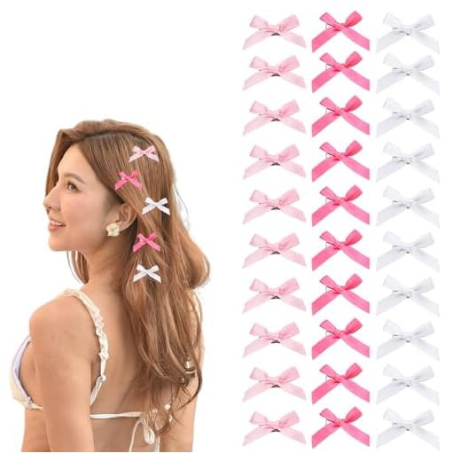 Mini laços de cabelo femininos brancos e rosa para mulheres, acessórios de cabelo com laço pequeno, 30 peças, mini laços de fita de seda para clipes de cabelo para mulheres