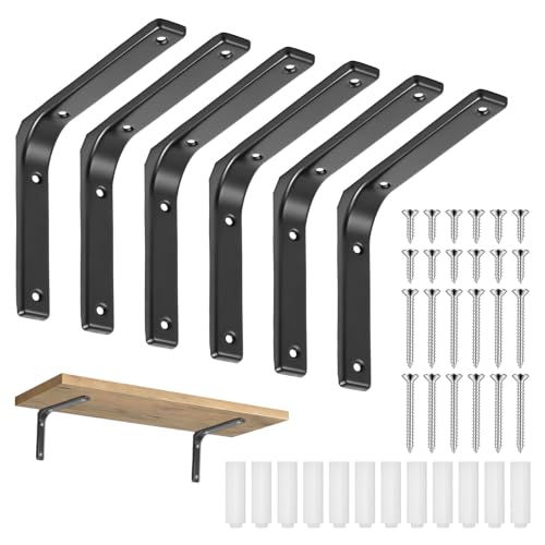 Regalhalterungen Schwerlastwinkel, 6 Stück Metall Schwerlast Konsole Wandwinkel, Schwarz L Regalträger Winkel Regal mit Schrauben für Wandhalterung Regal Eckregal(150X125mm)