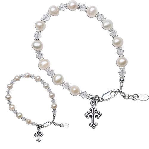 Precious Pieces Sterling Silver Cross "Mom and Me" Cultured Pearl Bracelet Set with High-End Crystal for Mother-Daughter
