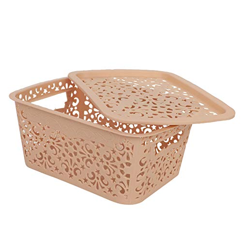 Image of Cutting Edge Essentials Plastic Storage Baskets /Shelf /Turkish Rack with Lid - Set of 2 for Fruit Vegetable Bathroom Stationary Home Basket with Handle (Beige, Small)