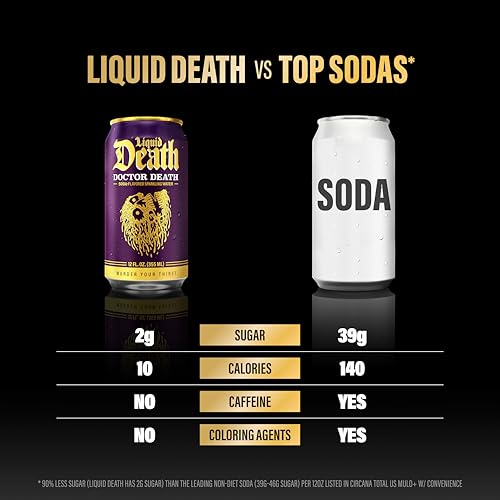 Liquid Death Soda-Flavored Sparkling Water - Doctor Death (Cherry, Cream, Spice), Less Sugar*, Huge Flavor, No Caffeine, No Artificial Sweeteners, 12 Fl Oz (Pack of 12)