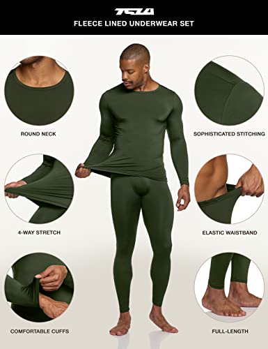 TSLA Men's Thermal Underwear Set, Microfiber Soft Fleece Lined Long Johns, Winter Warm Base Layer Top & Bottom, Soft Micro Fleece Olive, Small