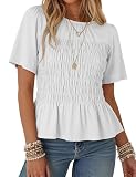 Watashi Women Summer Blouse Smocked Peplum Babydoll Tops(White-L)