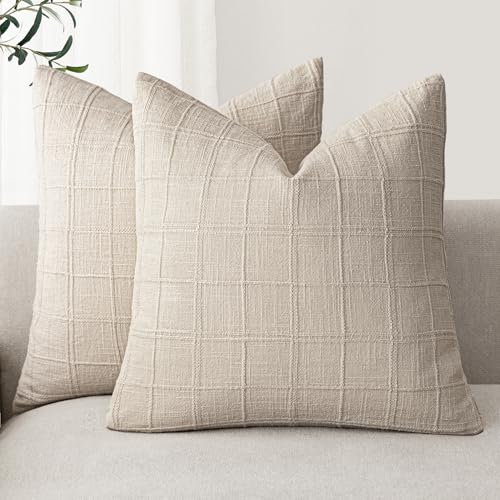Image of Foindtower Set of 2 Decorative Linen Check Throw Pillow Covers Neutral Farmhouse Vintage Cushion Covers Modern Boho Home Decor for Sofa Chair Couch Bedroom Living Room,22x22 Inch,Natural Linen