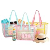 Personalized Mesh Beach Tote Bag, Custom Embroidered Monogrammed Pool Bag, Large Reusable Sand Resistant Summer Tote for Women, Vacation Shopping Bags, Gift for Mom Bridesmaid Birthday Party.