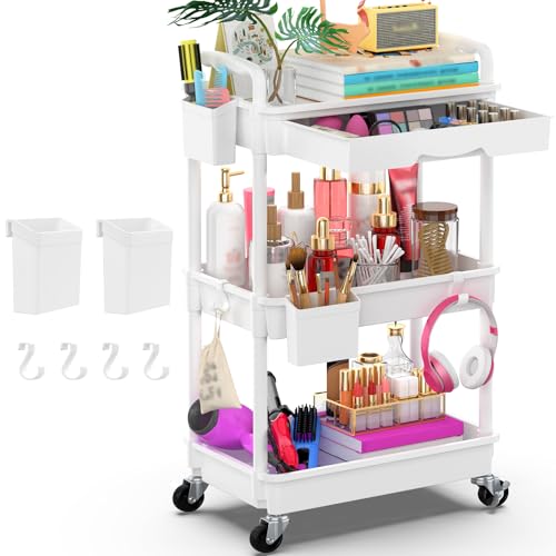 Yeabett 3-stöckiger Aufbewahrungswagen mit Schublade, Allzweckwagen mit Kunststoffablage & feststellbaren Rädern, multifunktionaler Aufbewahrungswagen für Küche, Bad, Büro, Wohnzimmer, Weiß