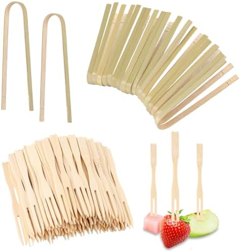 20pcs Small Disposable Bamboo Tongs & 200pcs Mini Forks for Appetizers, 4.7in Little Toaster Tongs for Cooking Serving Food Tiny Kitchen Accessories for Charcuterie Boards Cheese Fruits Bread Toast