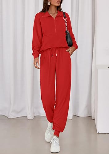 Image of PRETTYGARDEN Women 2 Piece Ribbed Knit Matching Lounge Sets | Comfy Sweat Track Suits, Athleisure Casual Outfit, Half Zip Sweatshirt & Jogger Pants, Fall Winter Clothes for Airport Travel