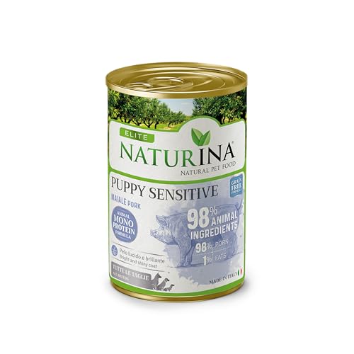 NATURINA - Elite húmedo Puppy Sensitive para perros, cachorros y cachorros de cerdo, sin granos, para pelo brillante, sin conservantes ni colorantes, para todos los tamaños, fabricado en Italia, 12
