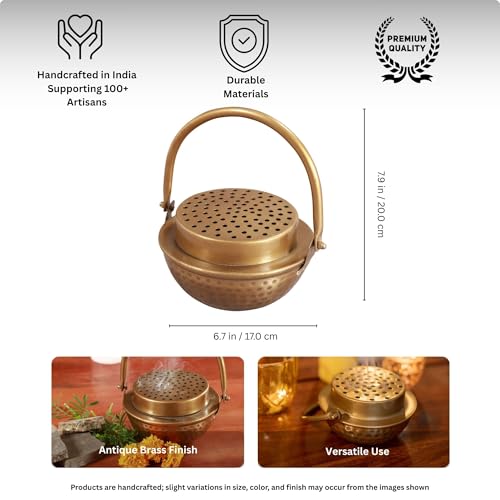 Image of Manor House Pure Iron Dhoop Dani with Handle | Traditional Sambrani Loban Incense Burner | Smoke Vent Lid Dhoop Holder for Pooja, Meditation, Home Temple, Yoga & Spiritual Use