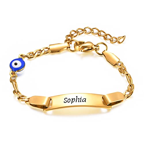 MEALGUET Custom Birthstone Child Bracelet : Gold Plated Stainless Steel Personalized Name Bar Name ID Bracelet for Children Toddler Girls from Mom Grandma, Birthstone Jewelry Gift,Nickel free