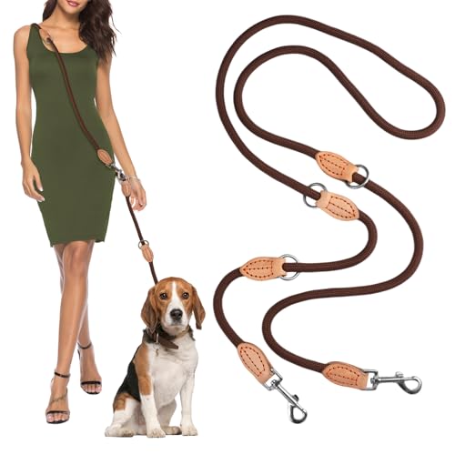 Laisse 3 Points pour Chien Réglable 2.1m, Multifonctionnelle Guinzaglio Doppio per Cani Ajustable, Double Nylon avec 2 Mousquetons et 3 Anneaux, pour Moyens et Gros Chiens Convient (Marron)