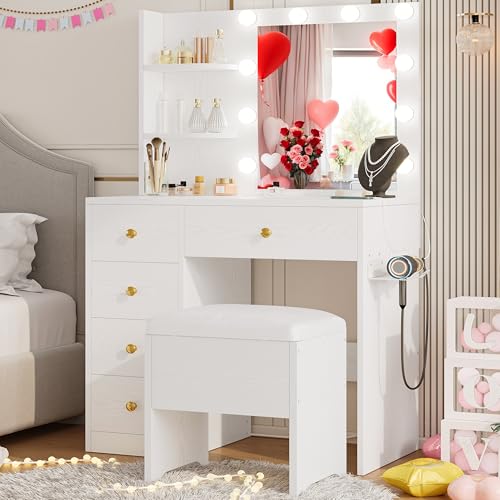 image for IRONCK Vanity Desk with Mirror and Lights, Small Makeup Vanity Table w