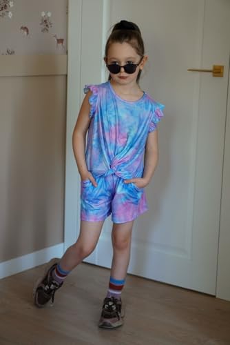 Image of Arshiner Girls Shorts Sets 2 Pieces Outfits Twist Front Ruffle Sleeve T-Shirts and Shorts With Pockets Cute Clothes Sets