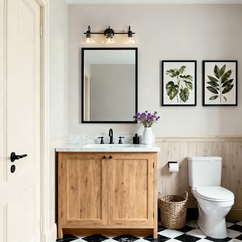Image of KSANA Black Bathroom Light Fixtures, Modern Farmhouse Vanity Lights Over Mirror 3-Light Bathroom Wall Mounted Sconce with Dome Glass Shade
