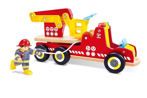 Hape Camión de Bomberos con iluminación y Sirena con Figura de Bombero – Coche de Juguete – Camión de Bomberos con Escalera giratoria y Accesorios – Juguete de Madera para niños a Partir de 2 años