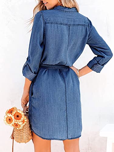 yoeasy Women's Casual Long Sleeve Denim Shirt Dress Retro Tie Waist Classic Button Down Pockets Jean Shirt Dress2