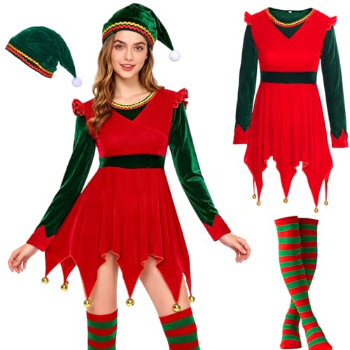 HarnyLoom Costume Lutin Femme Deguisement Elfe Adulte Robe Lutin Bonnet Lutin Chaussettes Noël Cosplay (L)