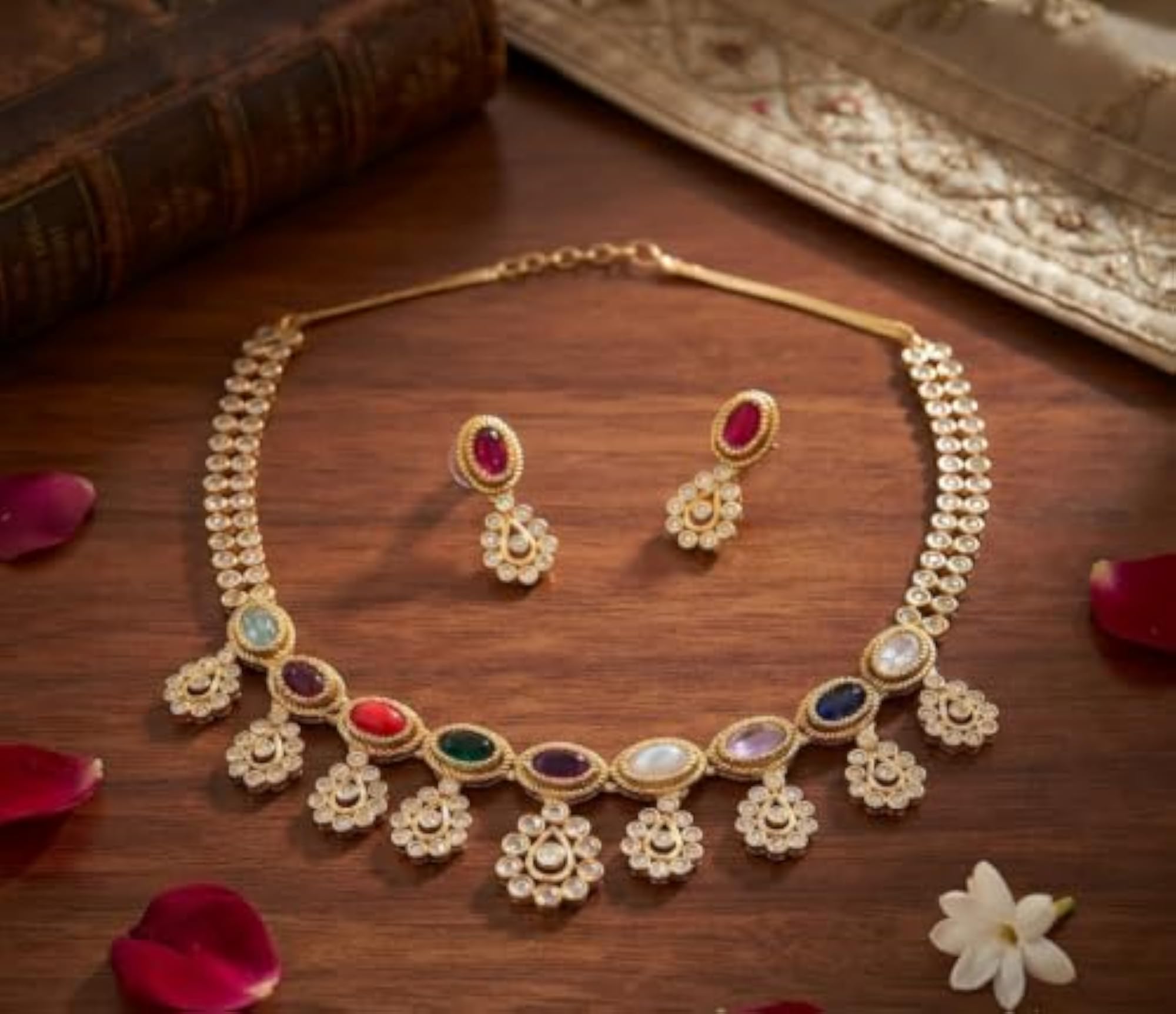 Gold-Tone Necklace and Earring Set with Ruby Stone and Pearls