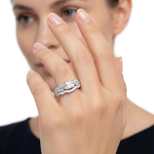 Image of Choose Your Gemstone Milgrain Petal Diamond CZ Wedding Ring Set 925 Sterling Silver Princess Shape Wedding Ring Sets Lightweight Office Wear Everyday Gift Jewelry US Size 4 to 12
