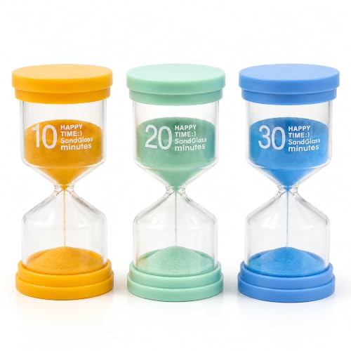 Image of 3 Pack Sand Timer Set, 10 20 30 Minute Colour Coded Hourglass for Kids Study, Homework, Kitchen, Classroom and Desk, Protective Plastic Frame