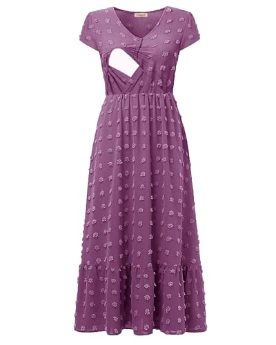 Image of CzzzyL Women Nursing Boho Maxi Dresses Cap Short Sleeve V Neck Swiss Dot High Waisted A-Line Ruffle Tiered with Pockets