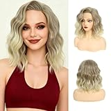 AliRobam Short Ombre Blonde Wavy Bob Wig for Women Free Part 9x1 Lace Front Shoulder Length Curly Synthetic Wig Natural Hairline 14 Inch for Daily Party Cosplay
