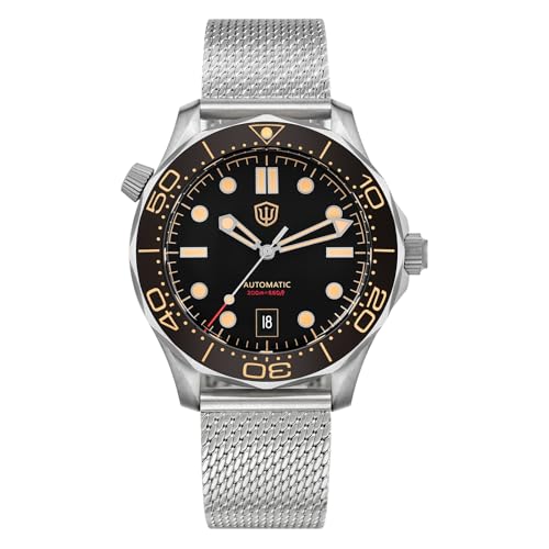 TACTICAL FROG Watchdives WD007 Sea Ghost NTTD Titanium Dive Watch for Men 42 mm Bubble Sapphire Crystal Watch Mirror PT5000 Movement with Calendar Mesh Bracelet Black Dial