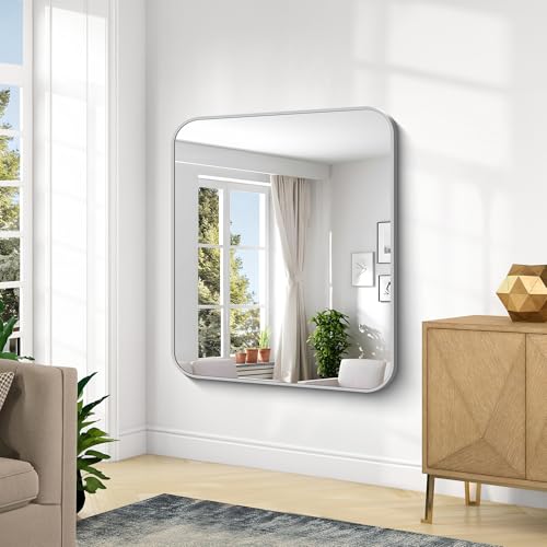 Image of KOCUUY Silver Bathroom Mirror, 40x48 Inch Large Bathroom Mirror for Over Sink, HD Tempered Glass, Anti-Rust Brushed Silver Frame, Rounded Corner Modern Design for Bathroom, Hang Horizontal /Vertical