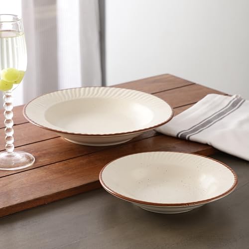 Image of miah decor Off-White Ceramic Pasta Bowls Set of 2 (Large & Medium) with Brown Rim | Stackable, Microwave & Dishwasher Safe | Stoneware Serving Bowls for Pasta, Salad, Soup, Ramen (Style 11)