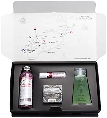 Special Christmas gift. Aloe Plus Lanzarote. Treasures of Lanzarote. Cochineal bath Salts 100g, wine lip balm, volcanic ash soap, Aloe Vera dermic gel 50ml.
