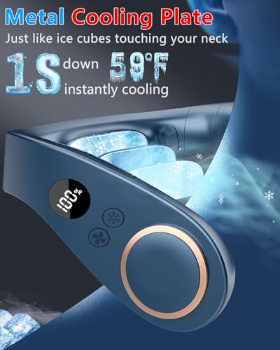 Image of Neck Fan with Cooling Plate,Powerful Cooling 5500mAh 24H Long Battery,5 Speeds Portable AC Cooler Function,LED Display USB Hands Free Bladeless Wearable for Men Women Kids Office Home Travel Azure