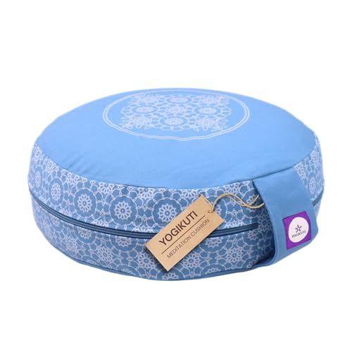 Yogikuti Meditation Cushion – 100% Pure Cotton Zafu for Comfortable Meditation & Yoga – Floor Sitting Pillow for Mindfulness & Support (Blue, Round)