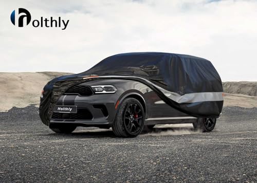 Image of Holhtly Car Cover Custom Fit for Dodge Durango, Car Covers for Automobiles All Weather Waterproof Sun Snow Rain Wind Dust Protection, Outdoor Car Cover Black & Grey