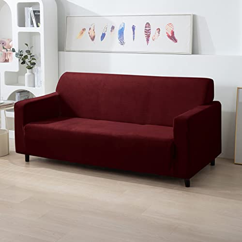 Image of HOKIPO 200 GSM Premium Velvet Sofa Cover 3 Seater Fully Covered, Burgundy (AR-4738-BRGN)